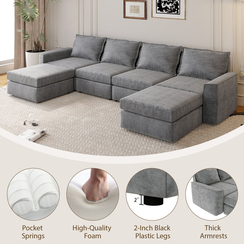 Chenille Modular Sectional Sofa, U Shaped Reversible Couch, Free Combination, 6 Seat Sleeper Sofa Bed With Ottoman, Convertible Oversized Indoor Furniture For Living Room - Gray