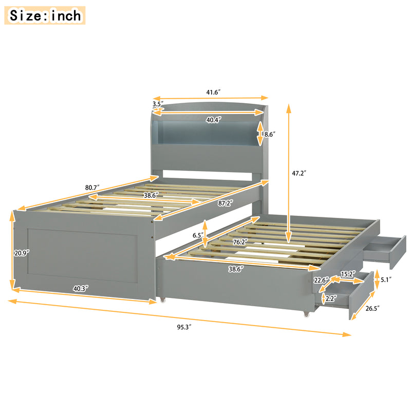 Twin XL Size Platform Bed with Storage LED Headboard, Charging Station, Twin Size Trundle and 2 Drawers, Gray