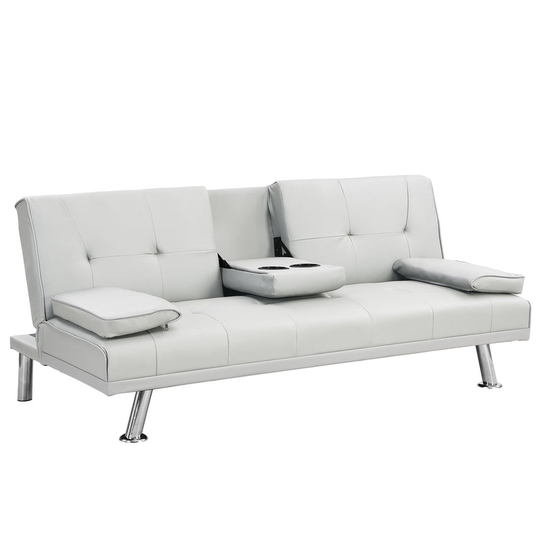 Sofa Bed With Armrest Two Holders Wood Frame, Stainless Leg, Futon - White