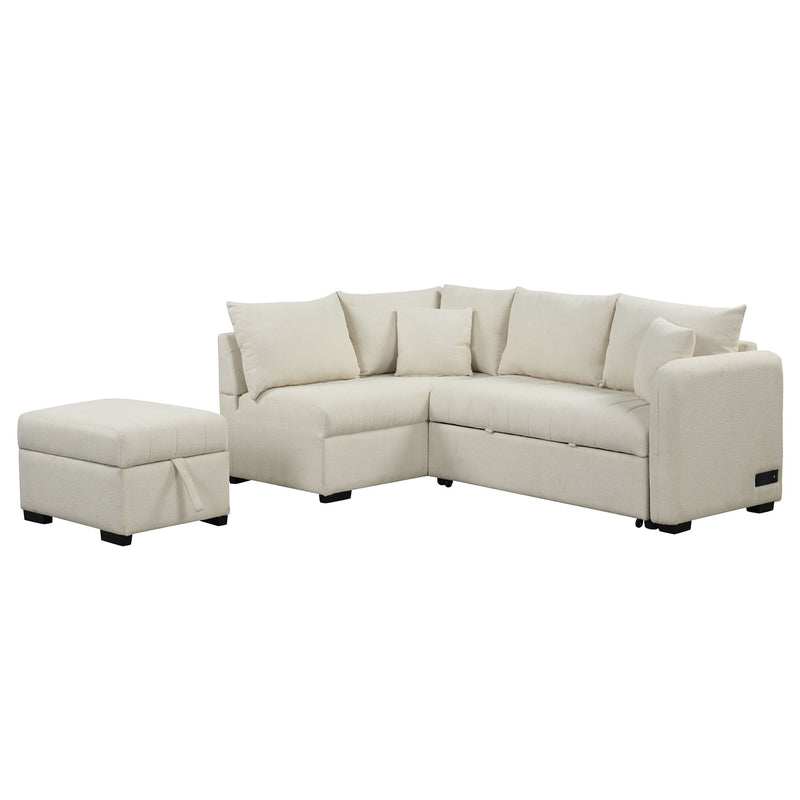 L-Shaped Sectional Pull Out Sofa Bed Sleeper Sofa With Two USB Ports, Two Power Sockets And A Movable Storage Ottoman