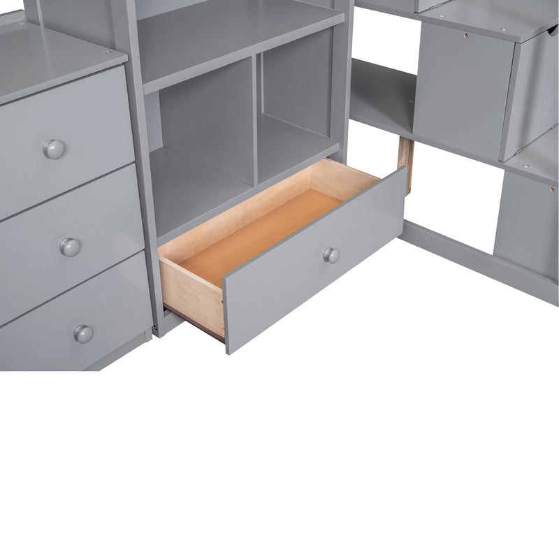 Twin Size Loft Bed with L-Shaped Desk and Drawers, Cabinet and Storage Staircase, Gray