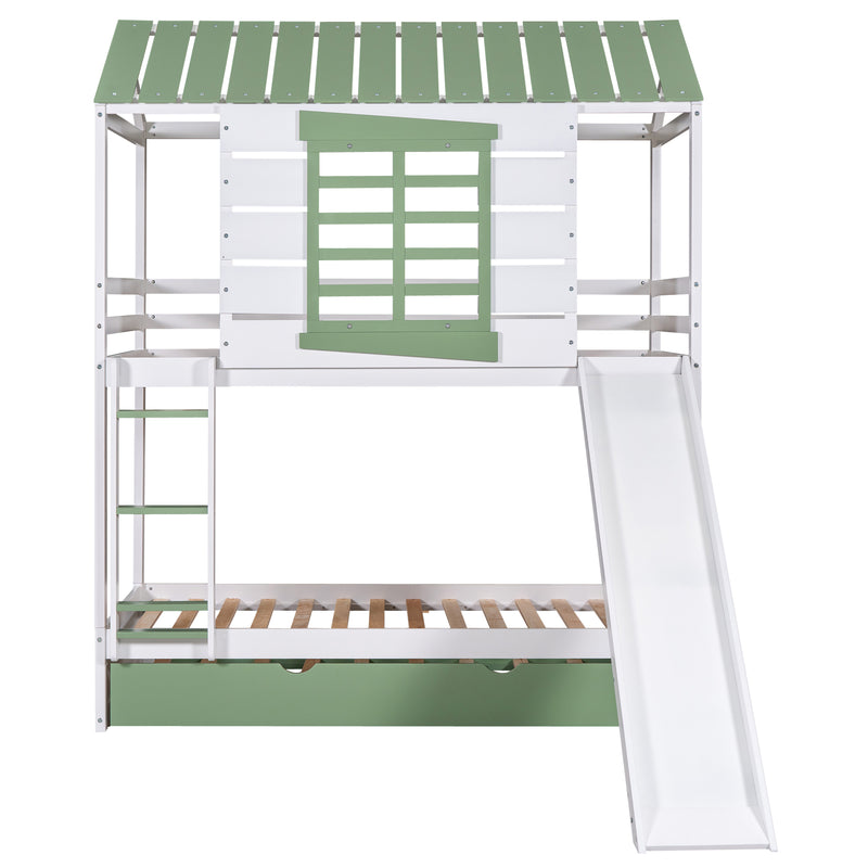 Twin over Twin Size House Bunk Bed with Convertible Slide and Trundle, White+Green