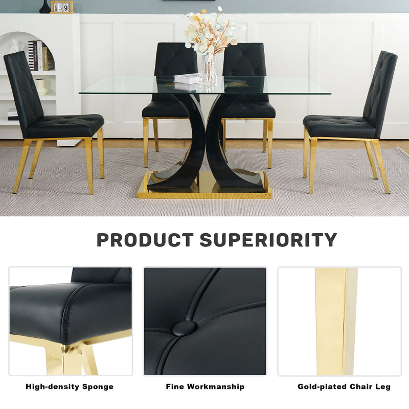 Modern Style Glass Dining Table, Elegant Transparent Design, Solid Support Base, Black Dining Chair Set, Gold-Plated Chair Legs, Suitable For Restaurant Kitchens