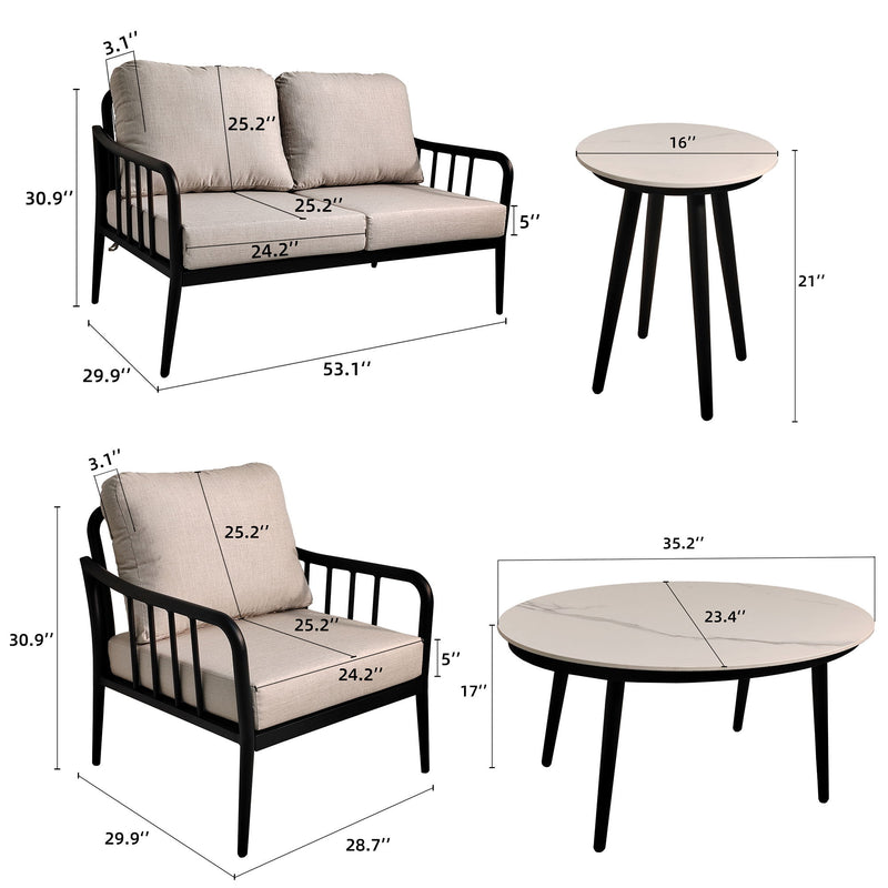 5 Pieces Outdoor Patio, Modern Chat Sofa Conversation Set, Removable Sunbrella Cushions And Table With Carrara Marble Look Sintered Stone Top - Ember Black / White