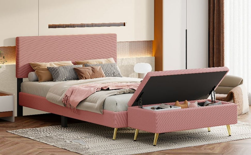 2 Piece Bedroom Sets Upholstered Bed Frame, Modern Corduroy Storage Ottoman