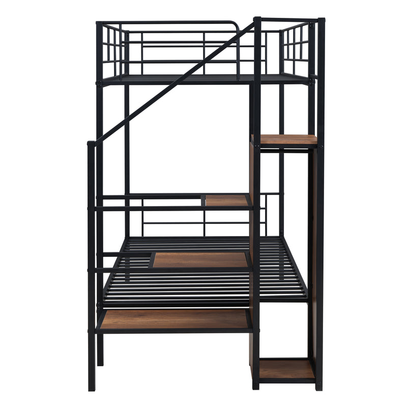 Twin Over Twin Metal Bunk Bed with Lateral Storage Ladder and Wardrobe, Black