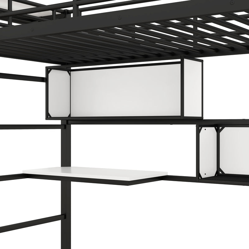 Twin Size Metal Loft Bed with 2 Shelves, a desk and a Hanging Clothes Rack, Black and White