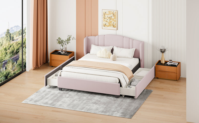 Upholstered Platform Bed with Wingback Headboard and 4 Drawers, No Box Spring Needed, Linen Fabric, Queen Size Pink