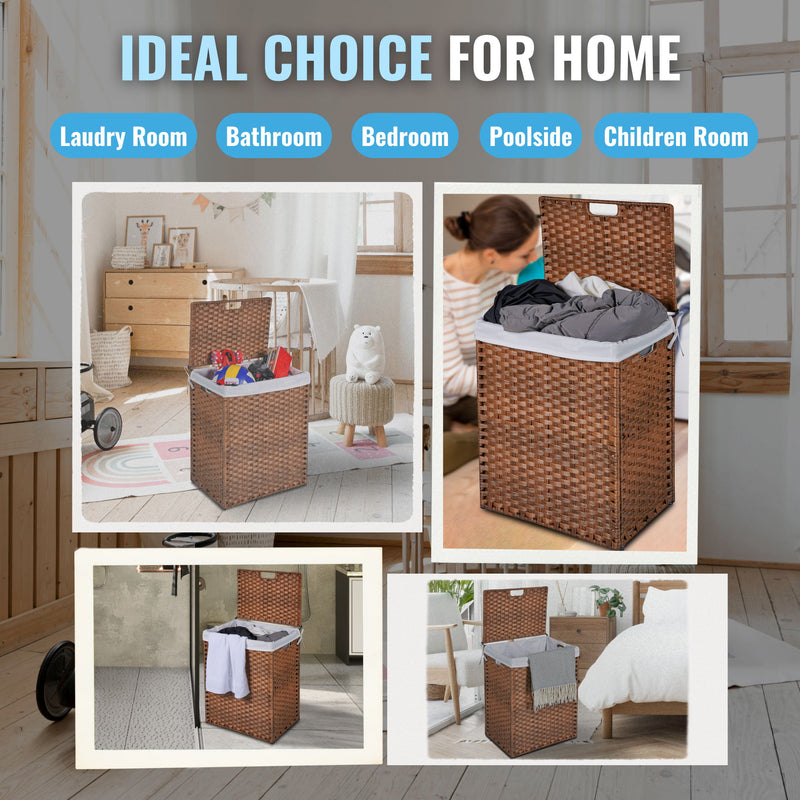 Laundry Hamper With Lid PE Rattan Powder Coating Frame Clothes Hampers With 2 Removable Bags