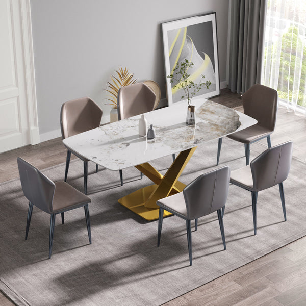 63" Modern Artificial Stone Pandora White Curved Golden Metal Leg Dining Table, 6 People - Antique White / Gold