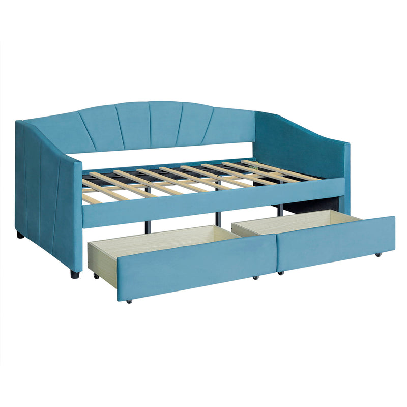 Twin Size Upholstered Daybed With Two Drawers And Wood Slat - Blue