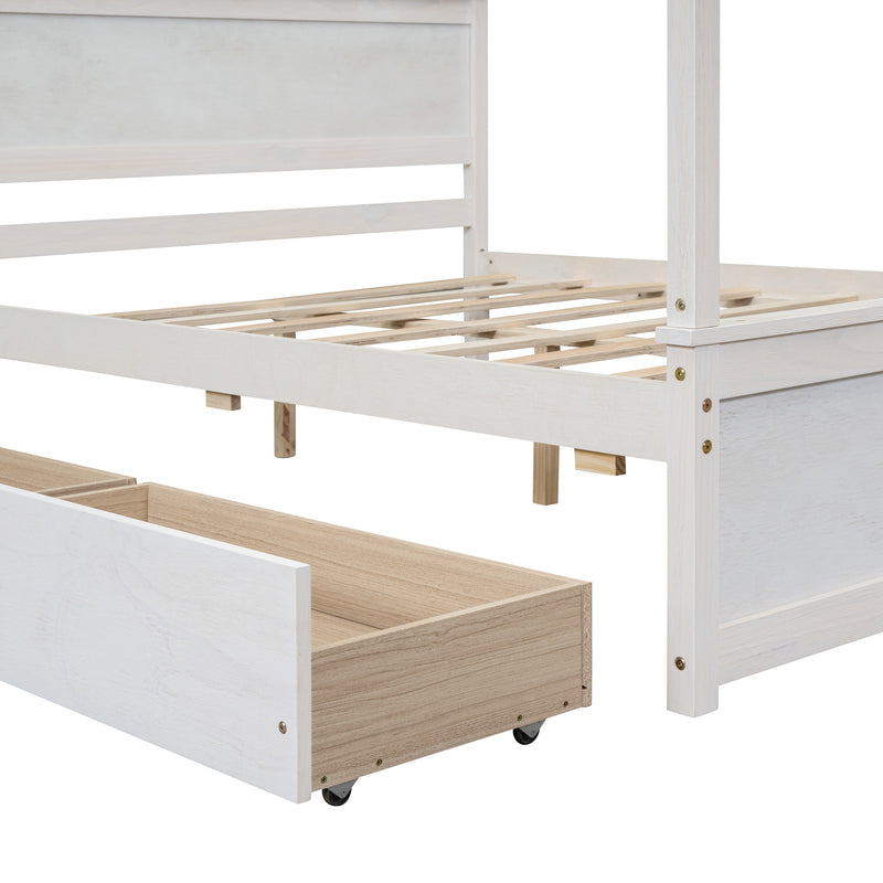 Wood Canopy Bed with two Drawers, Full Size Canopy Platform bed With Support Slats .No Box Spring Needed, Brushed White