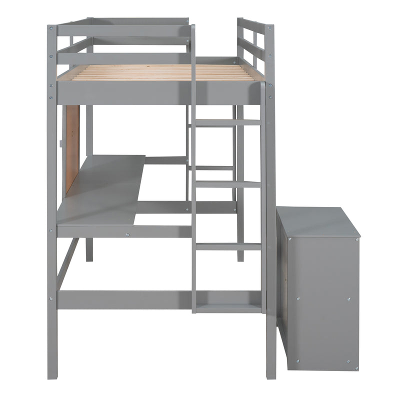 Twin size Loft Bed with Desk and Writing Board, Wooden Loft Bed with Desk & 2 Drawers Cabinet- Gray