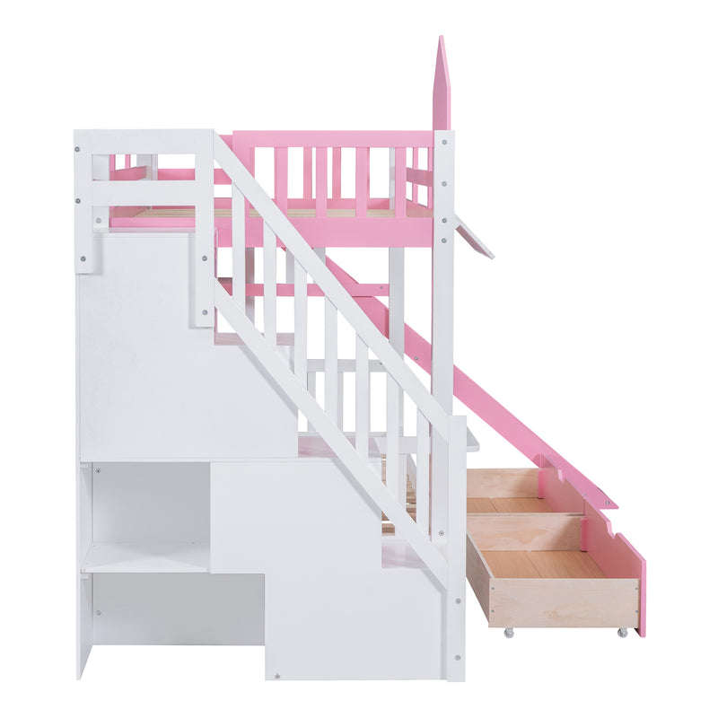 Twin-Over-Twin Castle Style Bunk Bed with 2 Drawers 3 Shelves and Slide - Pink