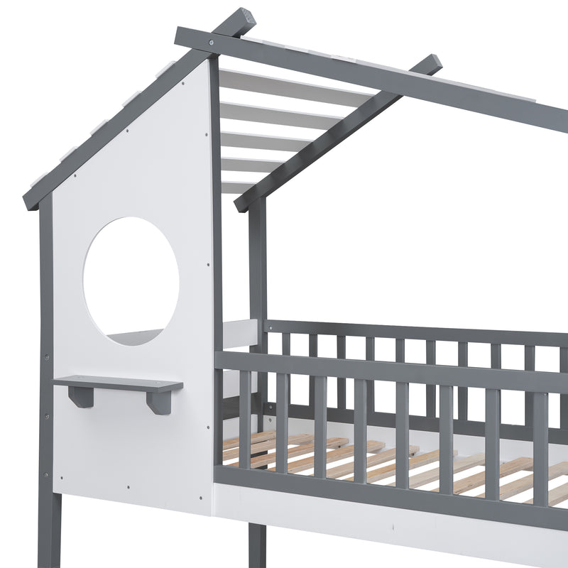 Twin Over Twin Bunk Bed Wood Bed with Roof, Window, Ladder,Gray(OLD SKU :LT100008AAE)