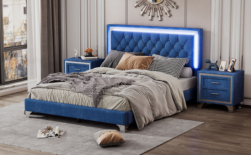 3 Piece Bedroom Sets, Queen Size Upholstered Platform Bed With LED Lights And Two Nightstands - Blue