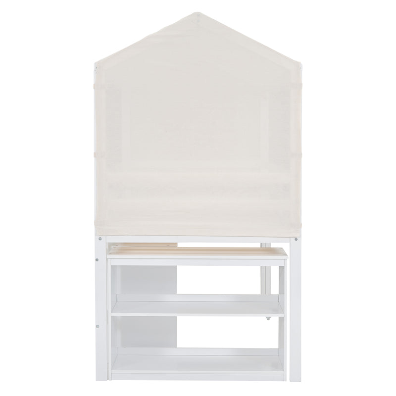 Twin Size Loft Bed with Rolling Cabinet, Shelf and Tent - White