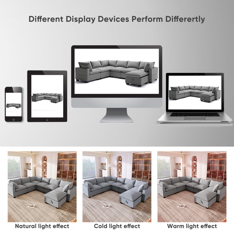 Modern U Shape Modular Sofa With Storage Ottoman, Luxury 7 Seat Sectional Couch Set With 2 Pillows Included, Freely Combinable Indoor Funiture For Living Room, Apartment - Gray