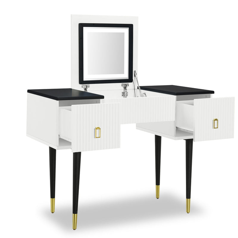 Modern Vanity Table Set With Flip-Top Mirror And Led Light, Dressing Table With Customizable Storage - White / Black