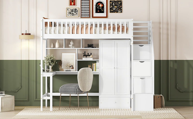 Twin size Loft Bed with Bookshelf,Drawers,Desk,and Wardrobe-White