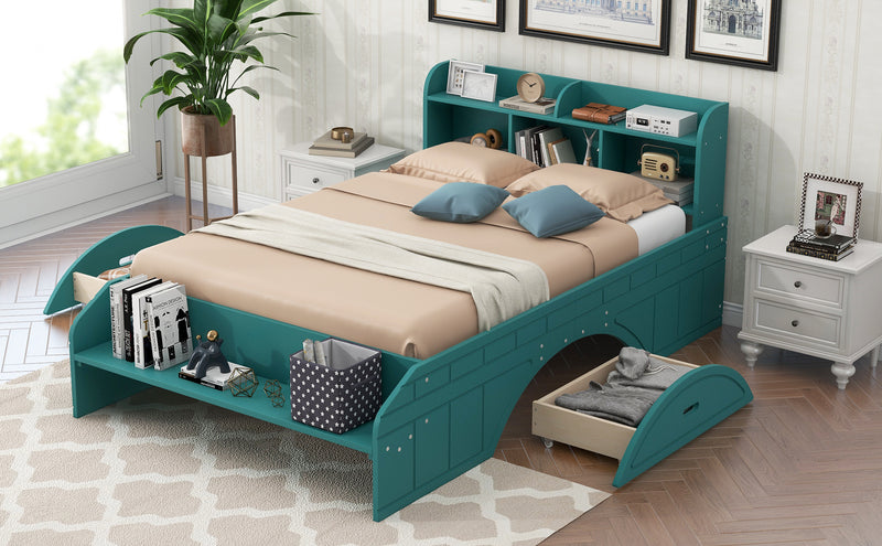 Wood Full Size Platform Bed with 2 Drawers, Storage  Headboard and Footboard, Dark Green