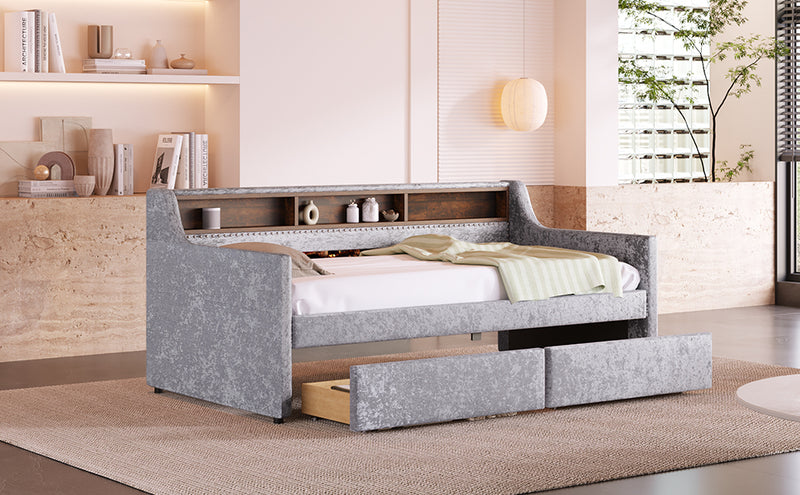 Twin Size Snowflake Velvet Daybed with Two Storage Drawers and Built-in Storage Shelves,Gray