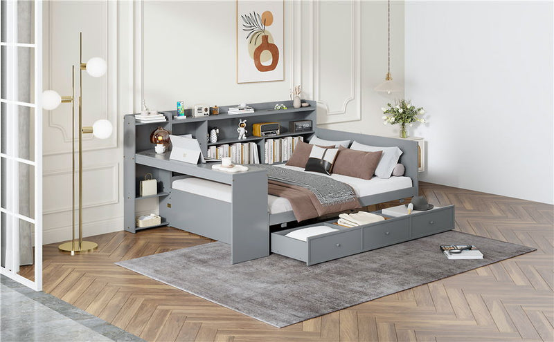 Full Size Wooden Daybed With 3 Drawers, USB Ports And Desk - Gray