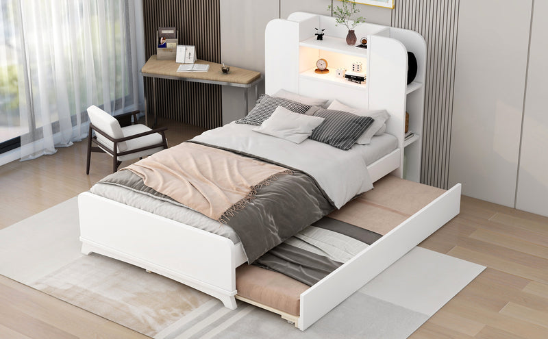 Twin Size Storage Platform Bed Frame with with Trundle and Light Strip Design in Headboard,White