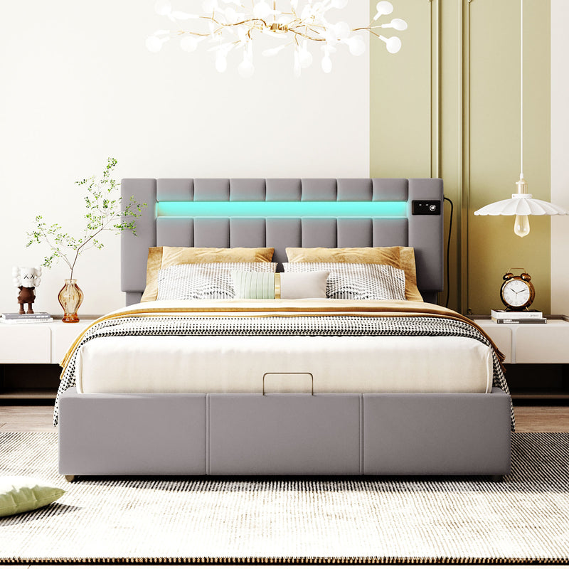 Upholstered Bed Queen Size with LED light, Bluetooth Player and USB Charging, Hydraulic Storage Bed in Gray Velvet Fabric