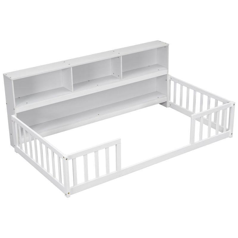 Twin Floor Bed with  Bedside Bookcase,Shelves,Guardrails,White