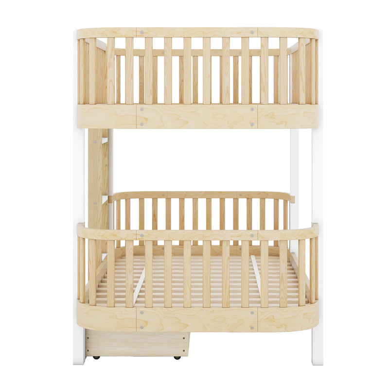 Wood Twin over Twin Bunk Bed with Fence Guardrail and a Big Drawer, Natural White