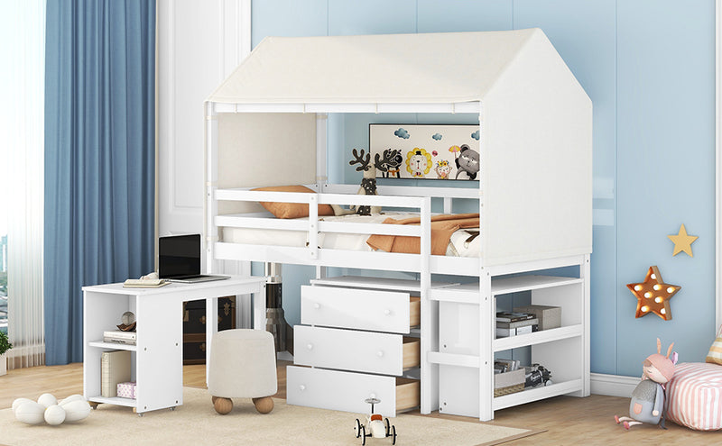 Twin Size Loft Bed with Rolling Cabinet, Shelf and Tent - White