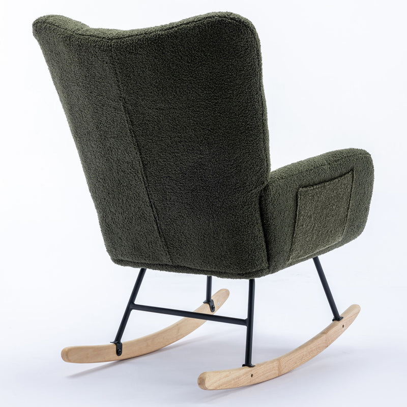 30.3" Rocking Chair With Pocket, Soft Teddy Fabric Rocking Chair For Nursery, Comfy Wingback Glider Rocker With Safe Solid Wood Base For Living Room Bedroom Balcony - Dark Green