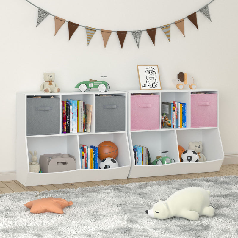 Kids Bookcase With Collapsible Fabric Drawers, Children's Toy Storage Cabinet For Playroom, Bedroom, Nursery, School - White/Gray