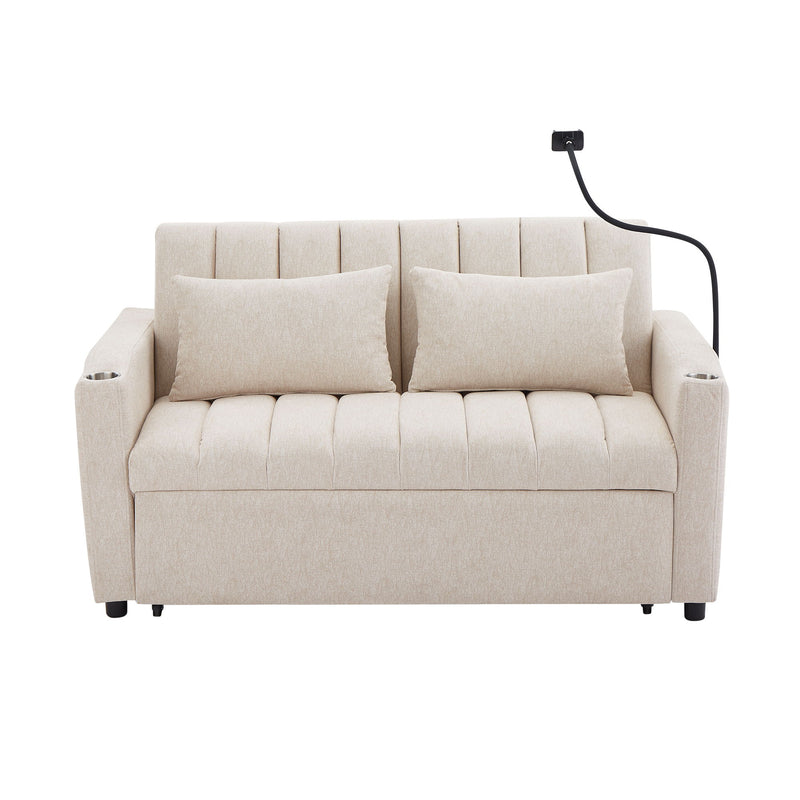 Convertible Sofa Bed Loveseat Sofa With Three USB Ports, Two Side Pockets, Two Cup Holders And 360° swivel Phone Holder For Living Room