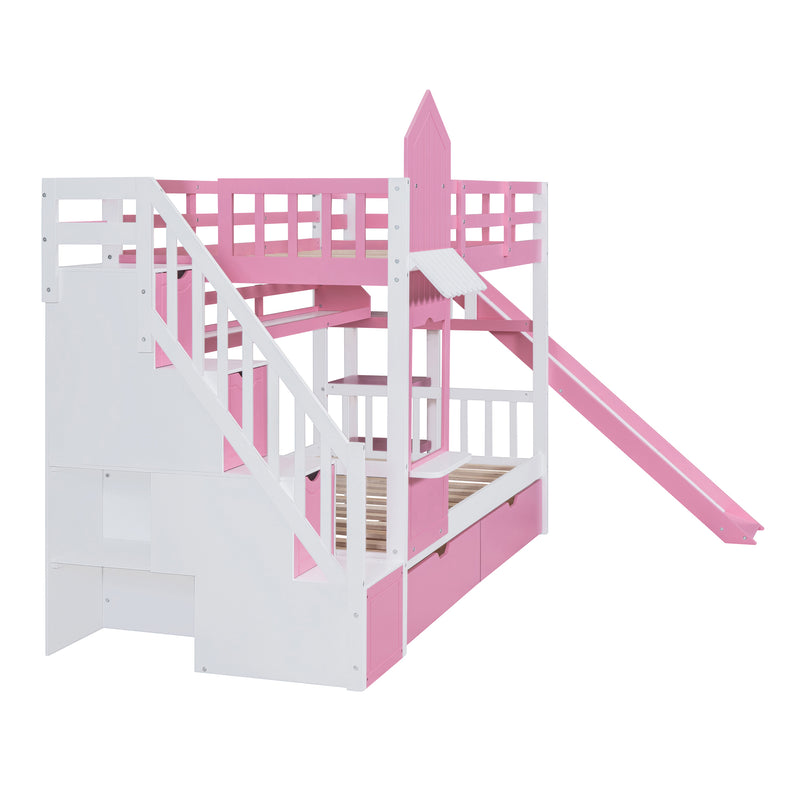 Twin-Over-Twin Castle Style Bunk Bed with 2 Drawers 3 Shelves and Slide - Pink