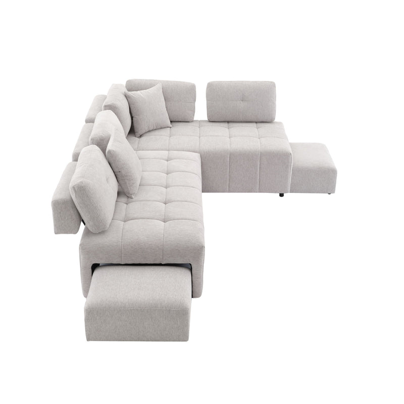 L-Shaped Sofa Sectional Sofa Couch With 2 Stools And 2 Lumbar Pillows For Living Room