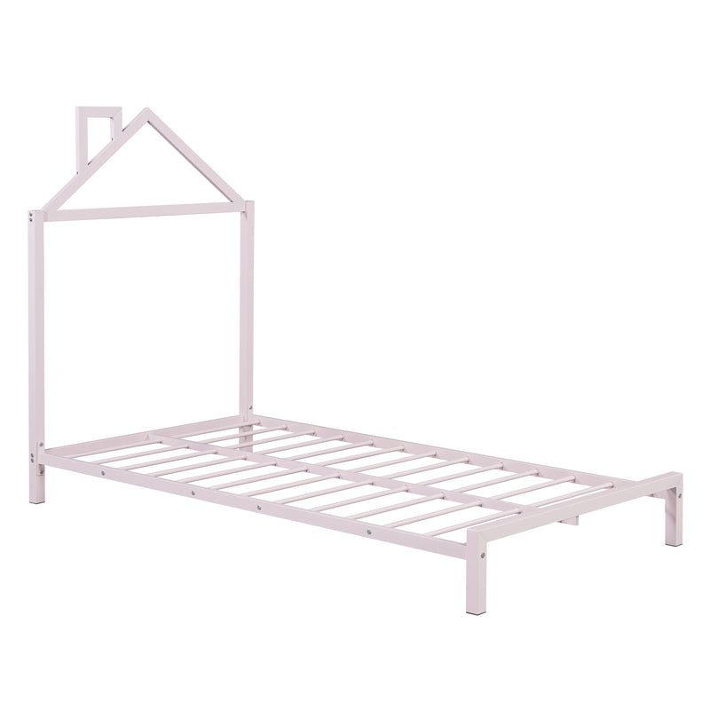 Twin Size Metal Platform Bed with House-Shaped Headboard Design, Pink