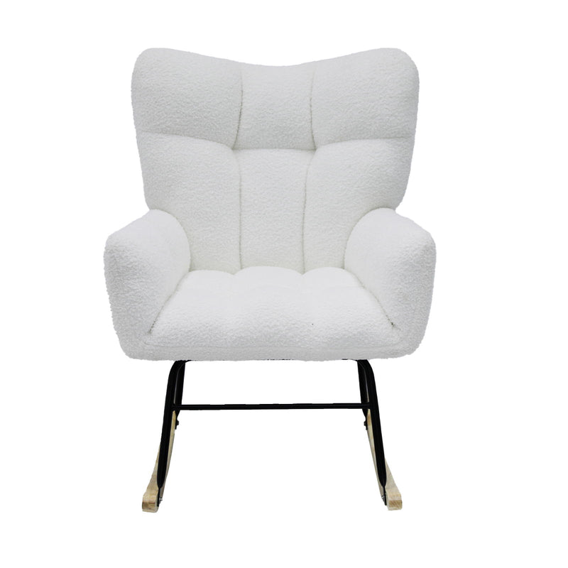 Modern Rocking Chair, Teddy Fabric Chair With High Backrest, Rocking Accent Chairs For Nursery, Living Room, Bedroom - White