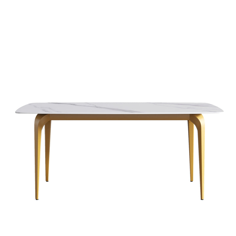 70.87" Modern Artificial Stone White Curved Golden Metal Leg Dining Table, Can Accommodate 6-8 People - White