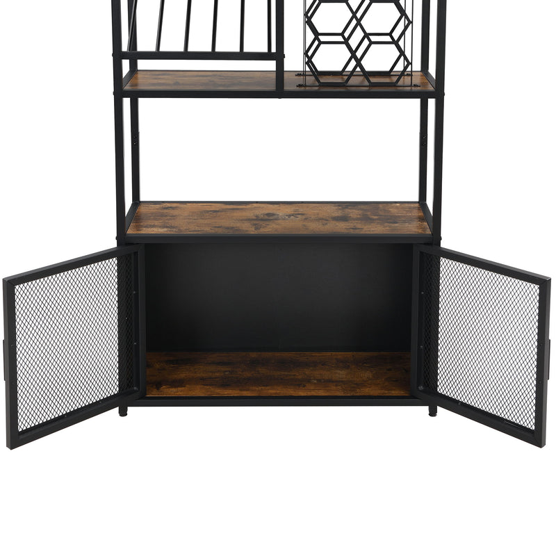 82.7" Industrial Standing Wine Rack With Glass Rack Tall Freestanding Floor Bar Cabinet - Walnut / Black