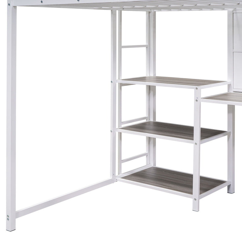 Full Size Loft Bed With Desk And Whiteboard, Metal Loft Bed With 3 Shelves And Ladder - White