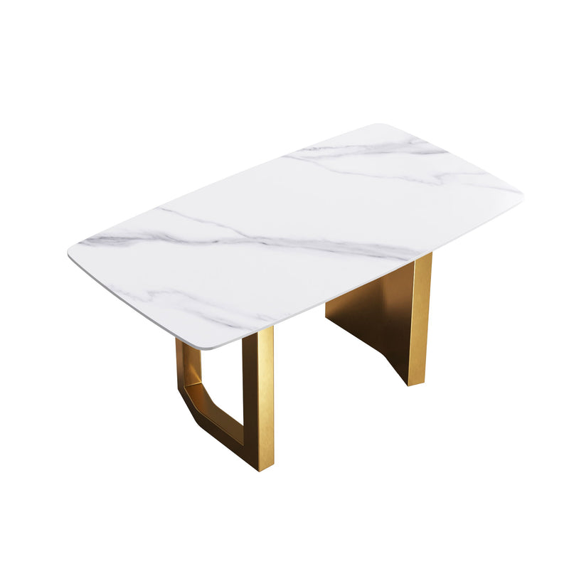 63" Modern Artificial Stone White Curved Golden Metal Leg Dining Table, 6 People - White / Gold