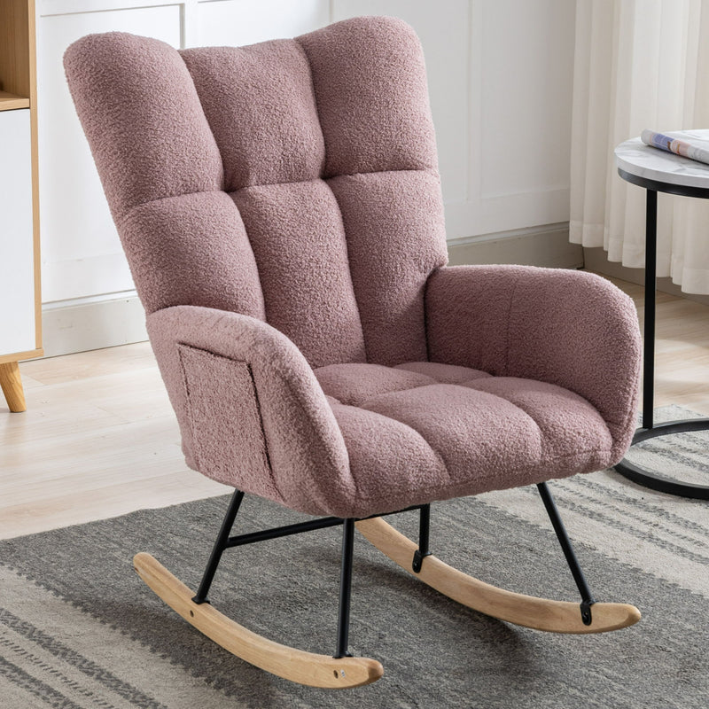 Rocking Chair With Pocket, Soft Teddy Fabric Rocking Chair For Nursery, Comfy Wingback Glider Rocker With Safe Solid Wood Base For Living Room