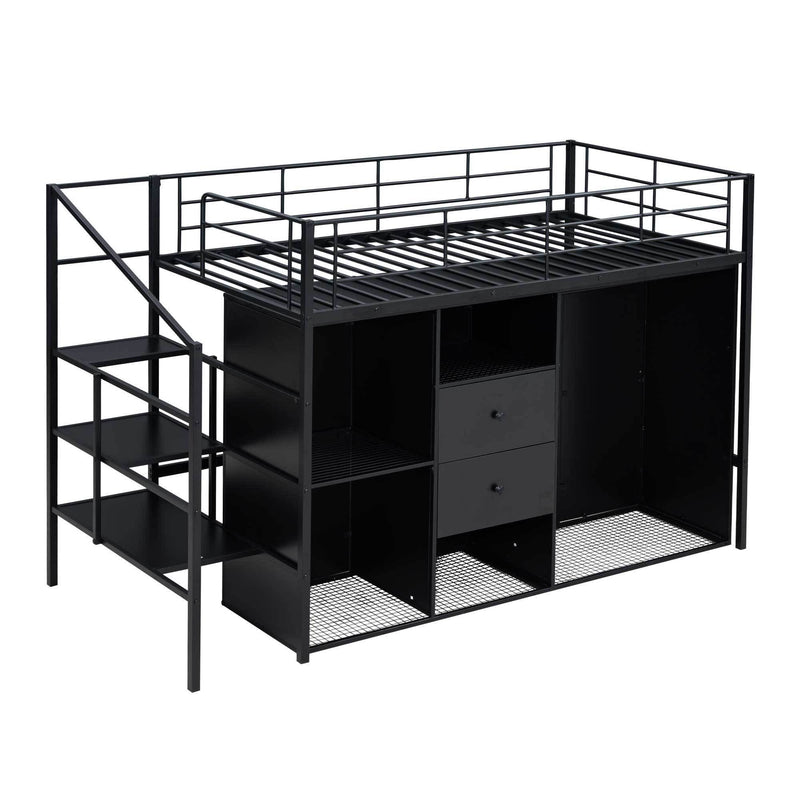 Twin Size Metal Loft Bed with Drawers, Storage Staircase and Small Wardrobe