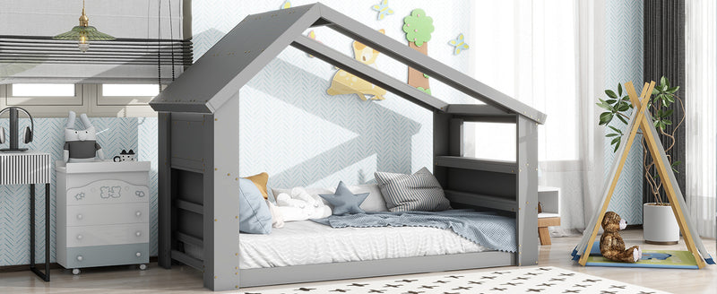 Twin House Floor Bed with Roof Window, LED Light,Grey