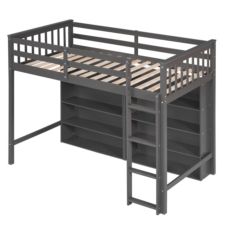 Twin Size Loft Bed with 8 Open Storage Shelves and Built-in Ladder, Gary