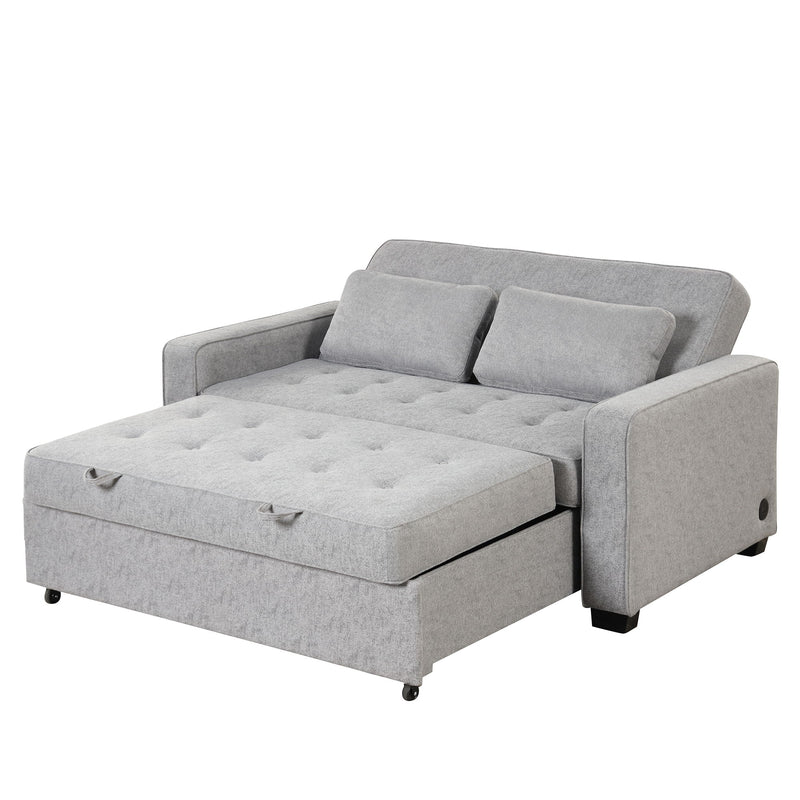 Upholstered Sleeper Bed, Pull Out Sofa Bed Couch Attached Two Throw Pillows, Dual USB Charging Port And Adjustable Backrest For Living Room Space