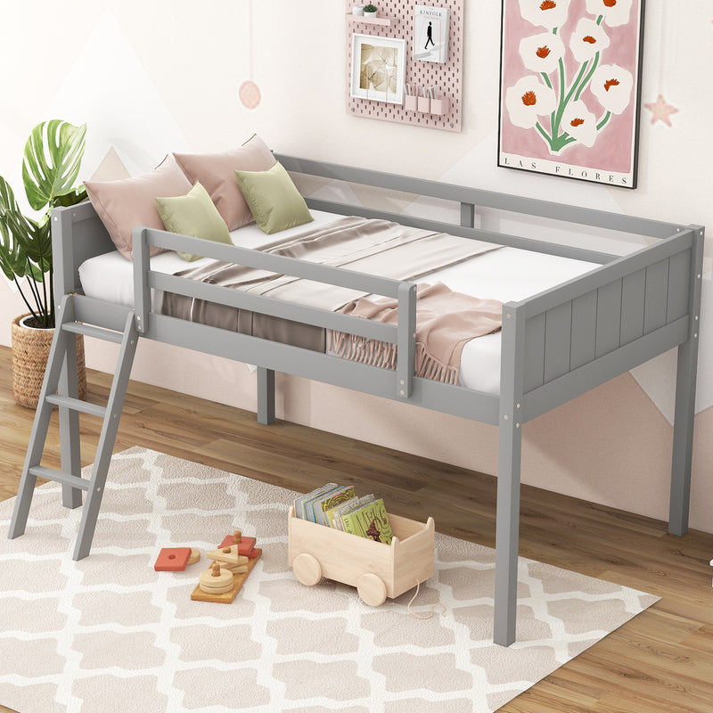 Twin Size Wood Loft Bed with Ladder, ladder can be placed on the left or right, Gray