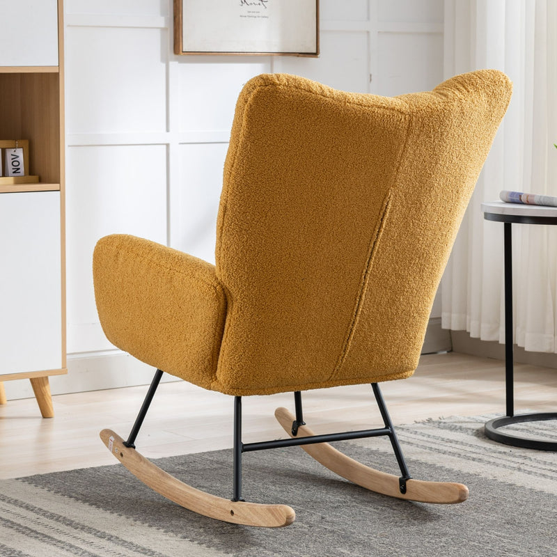 Rocking Chair With Pocket, Soft Teddy Fabric Rocking Chair For Nursery, Comfy Wingback Glider Rocker With Safe Solid Wood Base For Living Room